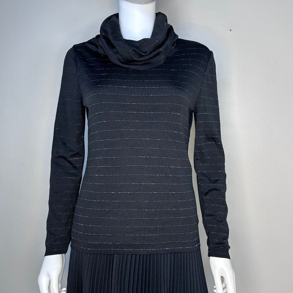 Vintage 1970s Black & Silver Metallic Stripe Turtleneck Sweater, Pierre Cardin M